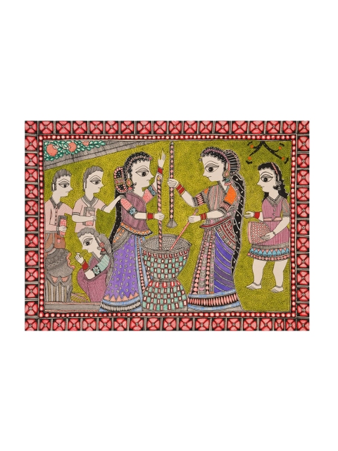 

Exotic India Purple & Green Aspect Of Daily Life Of Madhubani Women Painted Wall Art