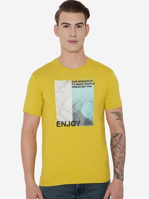 

JADE BLUE Men Yellow Graphic Printed Slim Fit Pure Cotton T-shirt