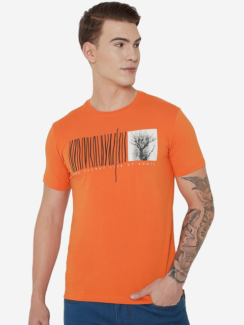 

JADE BLUE Men Orange Printed Pure Cotton Slim Fit T-shirt