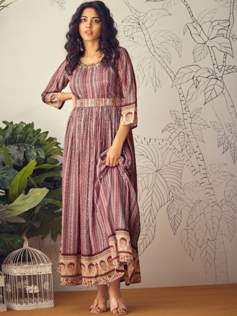 

AUTUMN LANE Women Maroon Printed Maxi Ethnic Dress with Handwork Belt
