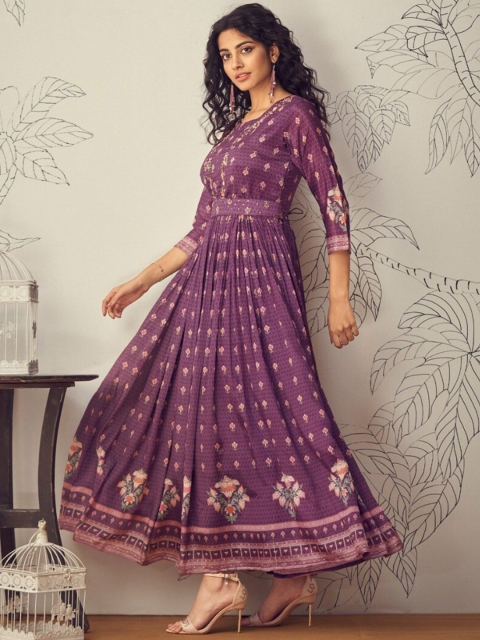 

AUTUMN LANE Women Purple Printed with Handwork Belt Ethnic Dress