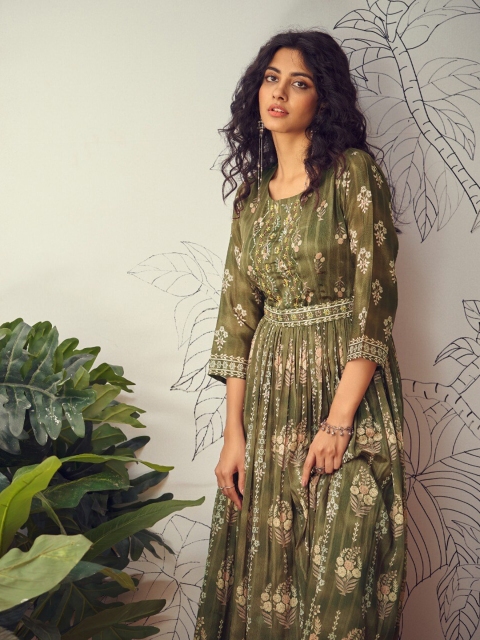 

AUTUMN LANE Women Olive Green Printed Maxi Long Ethnic Dress with Handwork Belt