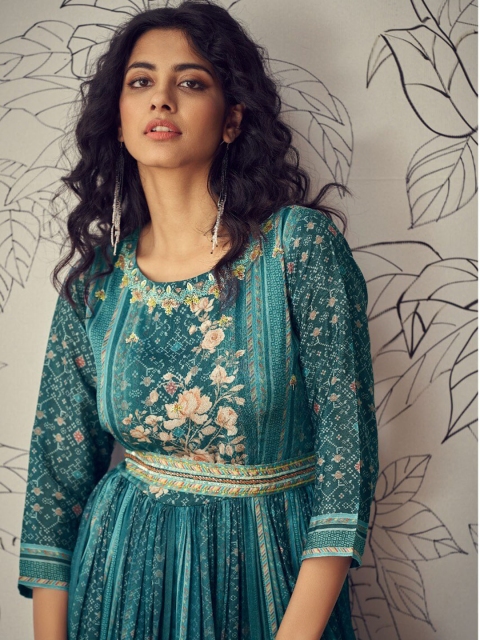 

AUTUMN LANE Women Teal Printed Maxi Long Ethnic Dress with Handwork Belt