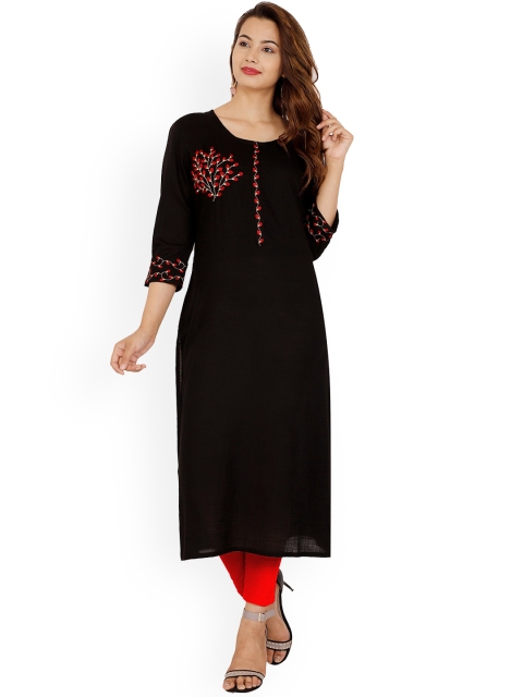 

NITVAN Women Black & Red Floral Embroidered Floral Kurta