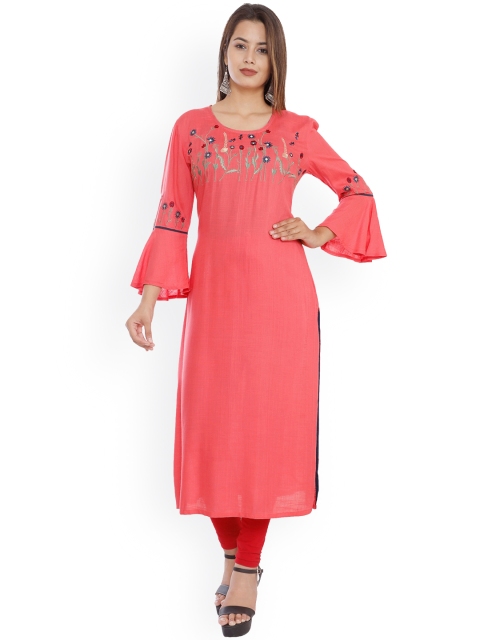 

NITVAN Women Peach-Coloured & Green Floral Embroidered Bell Sleeves Pastels Kurta