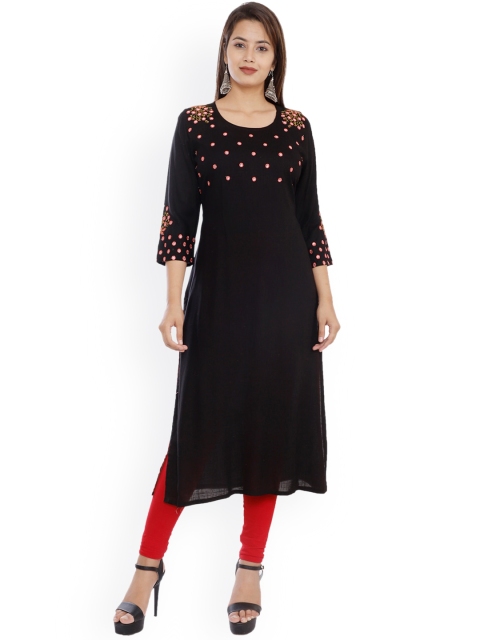 

NITVAN Women Black & Pink Floral Embroidered Floral Kurta