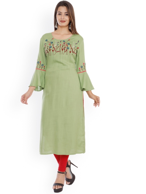 

NITVAN Women Sea Green & Red Floral Embroidered Bell Sleeves Floral Kurta