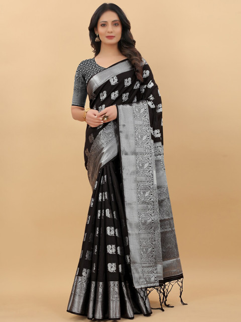 

PRASTHAN Black & Silver-Toned Ethnic Motifs Jaali Pure Silk Banarasi Saree