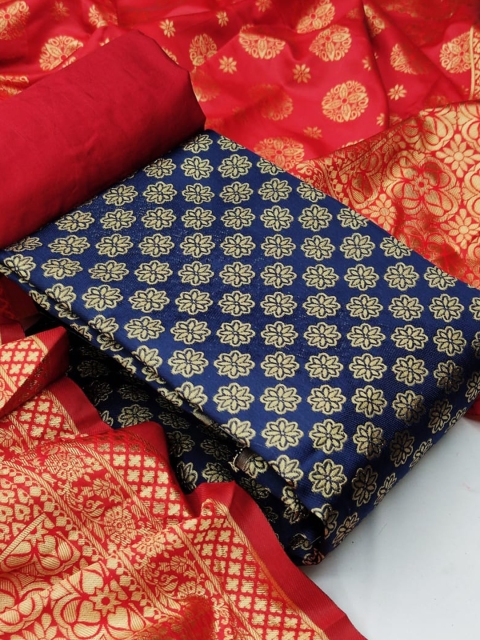 

MORLY Dupion Silk Unstitched Dress Material, Navy blue
