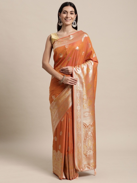 

KAITHY CREATION Orange And Gold Toned Woven Design Zari Pure Silk Banarasi Saree