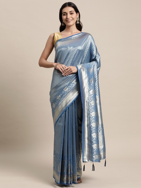 

KAITHY CREATION Blue And Silver Toned Woven Design Zari Pure Silk Banarasi Saree