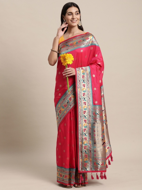 

KAITHY CREATION Pink & Gold-Toned Woven Design Zari Pure Silk Banarasi Saree