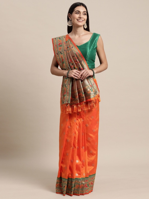 

KAITHY CREATION Orange & Gold-Toned Woven Design Zari Pure Silk Banarasi Saree