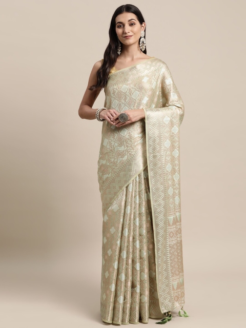 

KAITHY CREATION Green And Gold Toned Floral Woven Design Zari Pure Silk Banarasi Saree