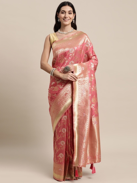 

KAITHY CREATION Pink And Gold Toned Woven Design Zari Pure Silk Banarasi Saree