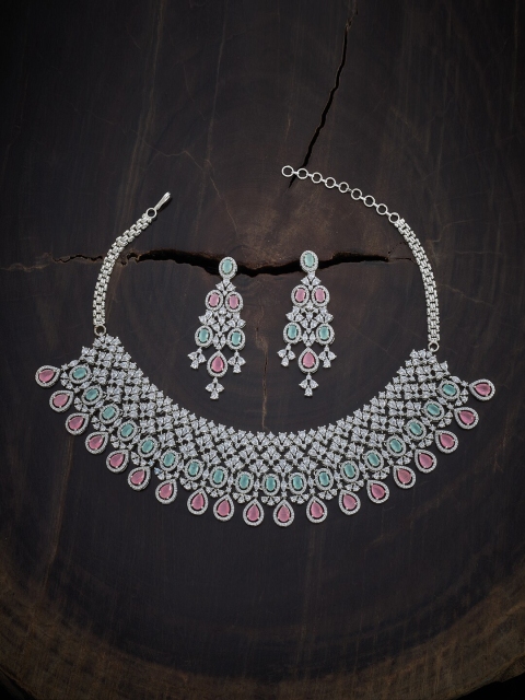 

Kushal's Fashion Jewellery Rhodium-Plated Pink & Sea Green Jewellery Set