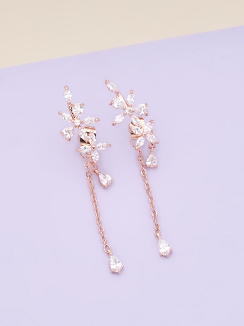 

Kushal's Fashion Jewellery Women Rose-Gold Plated White Floral CZ Drop Earrings