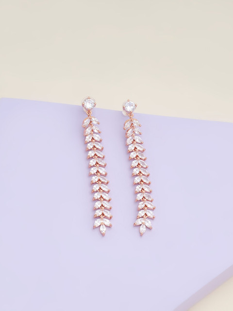 

Kushal's Fashion Jewellery Women Rose-Gold Plated White Leaf Shaped Drop Earrings