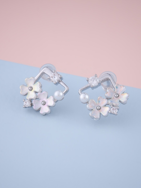 

Kushal's Fashion Jewellery Silver-Toned Floral Studs Earrings With Cubic Zirconia