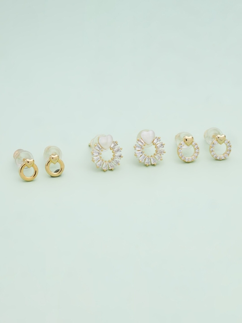 

Kushal's Fashion Jewellery Pack Of 3 Gold-Plated & White Circular Studs Earrings