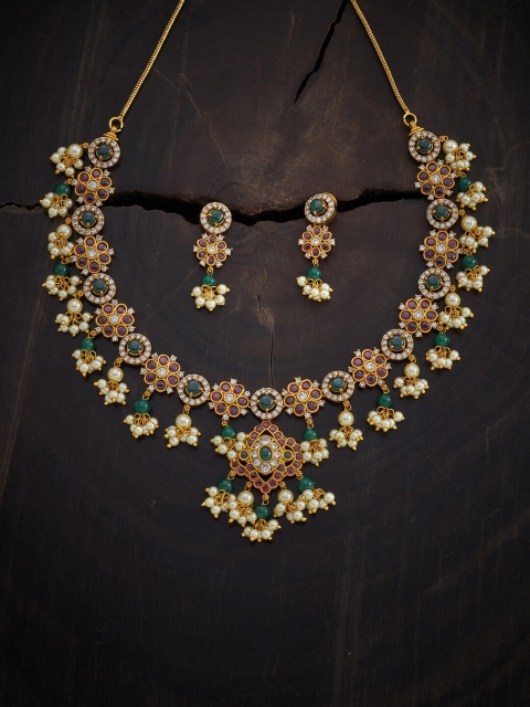 

Kushal's Fashion Jewellery Rose- Gold Plated Green & White CZ Stone-Studded Jewellery Set