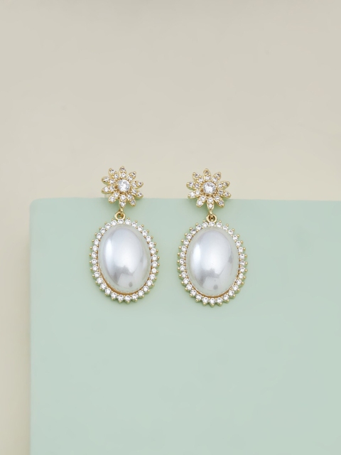 

Kushal's Fashion Jewellery White & Gold-Plated Oval Drop Pearl Earrings