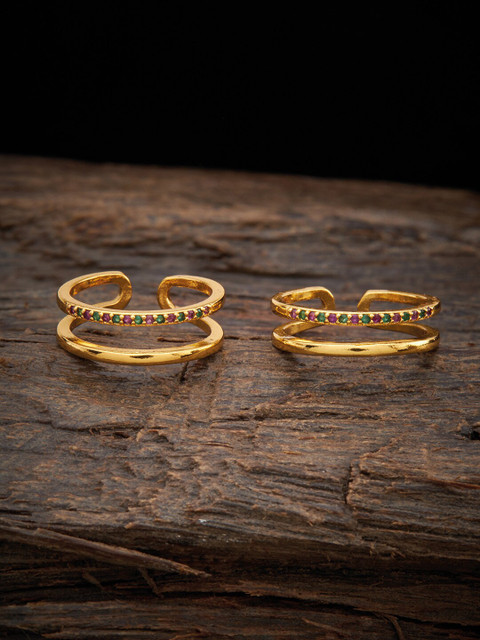 

Kushal's Fashion Jewellery Gold-Plated Green & Pink CZ Studded Toe Rings