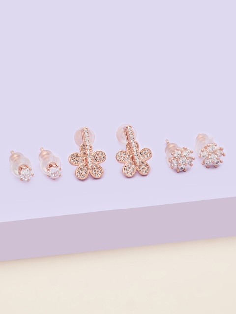 

Kushal's Fashion Jewellery Pack Of 3 Rose-Gold Plated Floral Studs Earrings, White