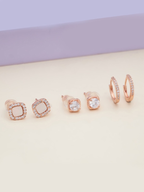 

Kushal's Fashion Jewellery Set o 3 Gold-Toned & White Square Studs Earrings