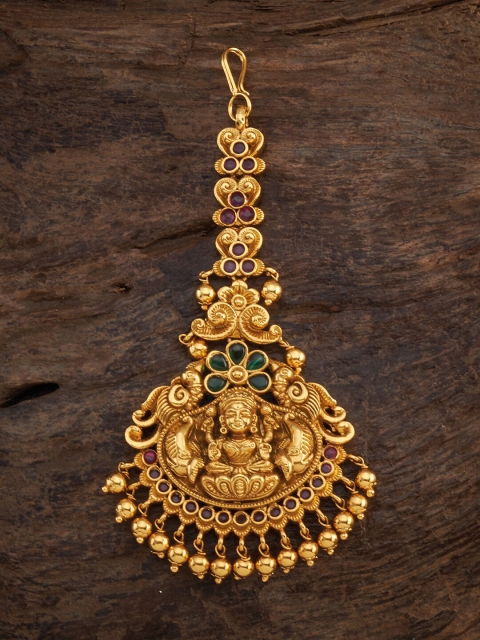 

Kushal's Fashion Jewellery Gold-Toned Red & Green Stone-Studded Maang Tikka