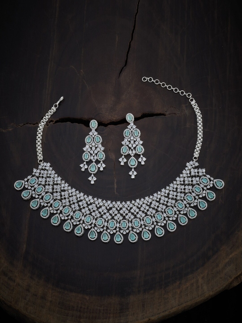 

Kushal's Fashion Jewellery Rhodium-Plated Sea Green CZ-Studded Jewellery Set, Silver