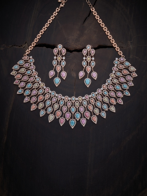 

Kushal's Fashion Jewellery Rose Gold-Plated Pink & Blue CZ-Studded Jewellery Set