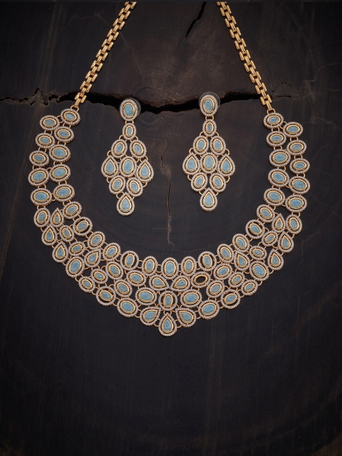 

Kushal's Fashion Jewellery Gold-Plated Sea Green CZ Studded Antique Jewellery Set
