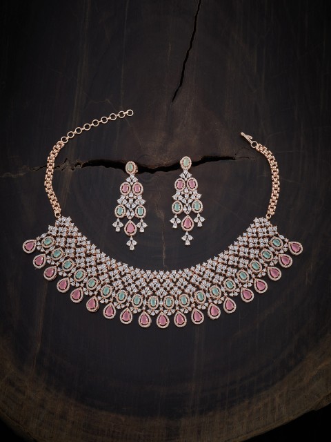 

Kushal's Fashion Jewellery Rose Gold-Plated & Toned Pink & Sea Green CZ Studded Jewellery Set