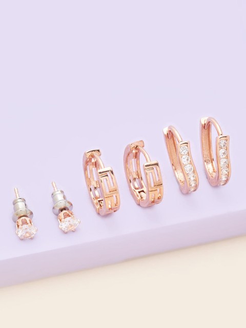 

Kushal's Fashion Jewellery Set of 3 Rose-Gold Plated Circular Studs Earrings, White