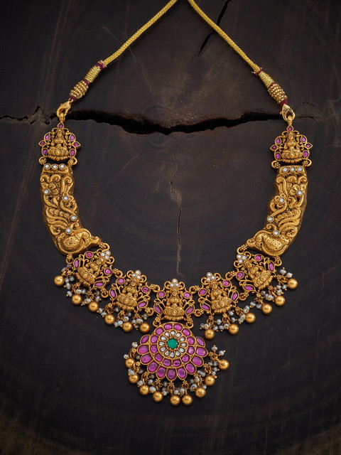 

Kushal's Fashion Jewellery Gold-toned & Pink Cubic Zirconia Studded Temple Necklace