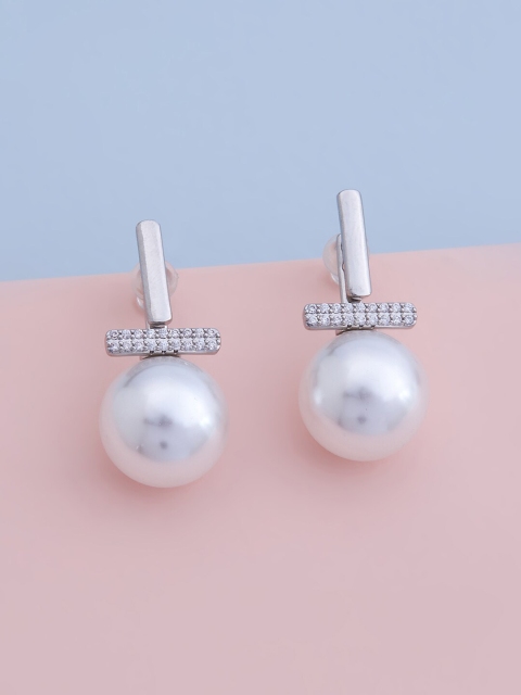 

Kushal's Fashion Jewellery Rhodium Plated & White Pearl Spherical Drop Earrings