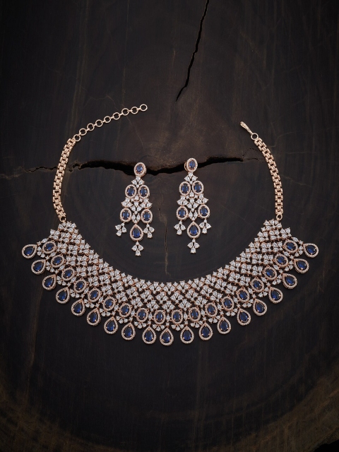 

Kushal's Fashion Jewellery Rose Gold-Plated Blue & White CZ Studded Jewellery Set