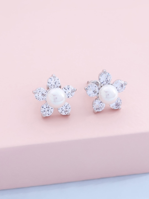 

Kushal's Fashion Jewellery Rhodium Plated & White Floral Studs Earrings