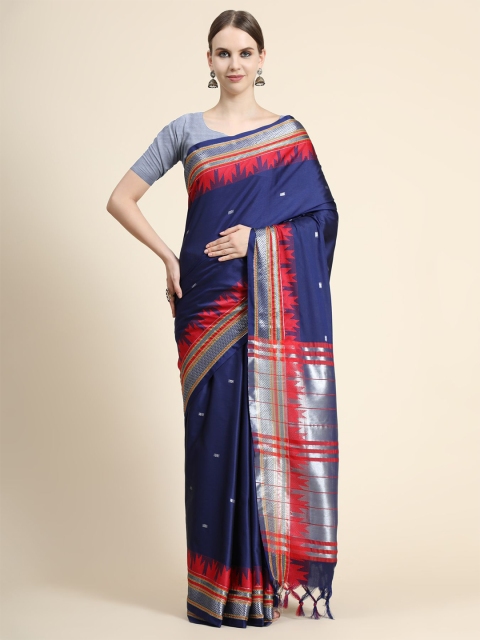 

OFFIRA TEX WORLD Blue & Red Woven Design Zari Silk Cotton Mysore Silk Saree