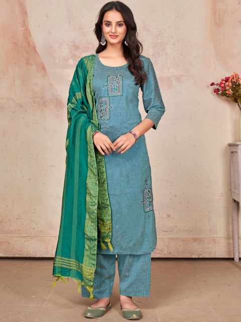 

SHOPGARB Women Blue Floral Printed Thread Work Kurta with Pyjamas & With Dupatta