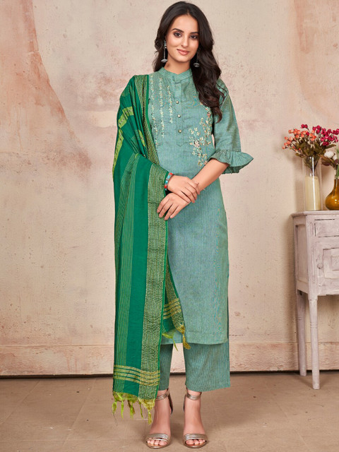 

SHOPGARB Women Green Floral Embroidered Thread Work Kurta with Pyjamas & With Dupatta