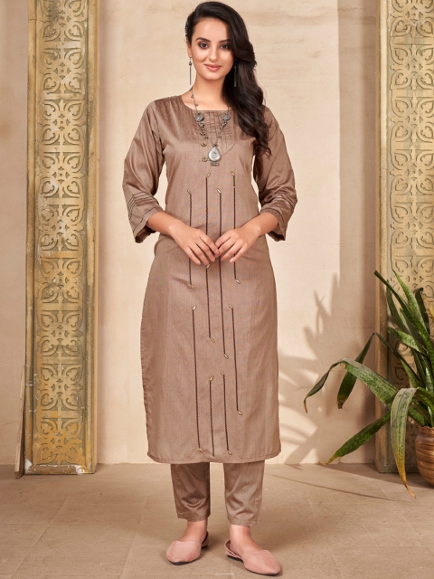 

SHOPGARB Women Brown Embroidered Thread Work Kurta with Pyjamas