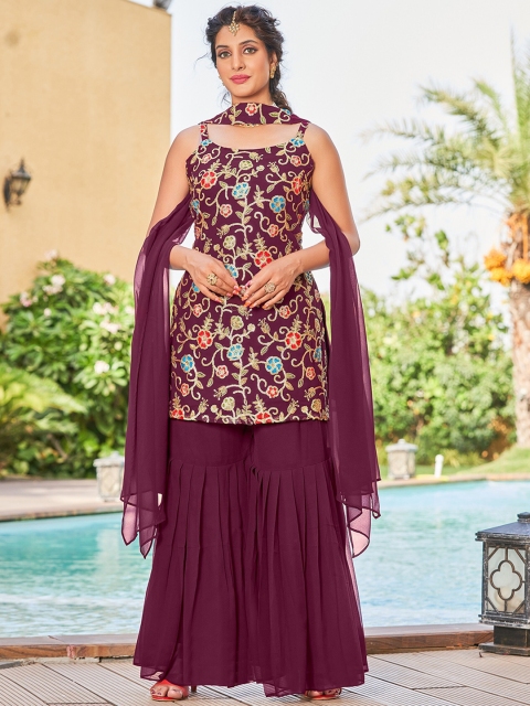 

KALINI Women Purple Floral Embroidered Thread Work Kurti with Sharara & With Dupatta