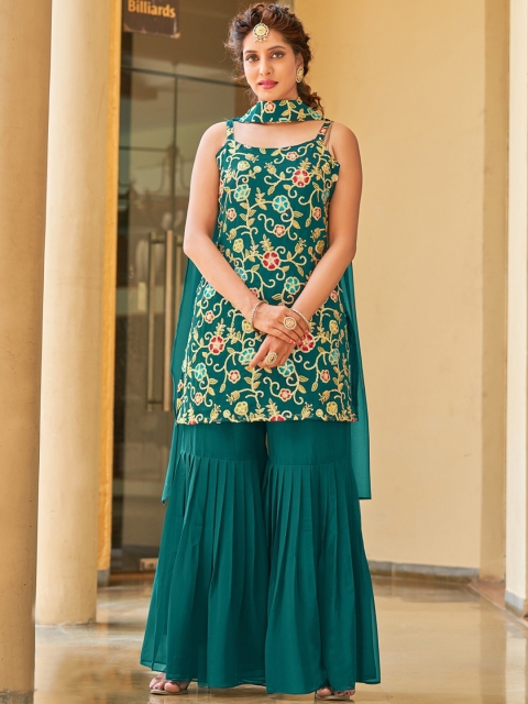 

KALINI Women Green Floral Embroidered Thread Work Kurti with Sharara & With Dupatta