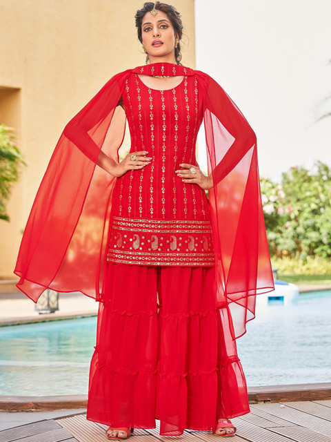 

KALINI Women Red Ethnic Motifs Embroidered Thread Work Kurti with Sharara & With Dupatta