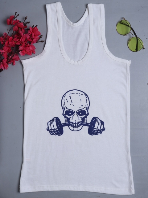 

Fleurt Men White Printed Pure Cotton Gym Vest