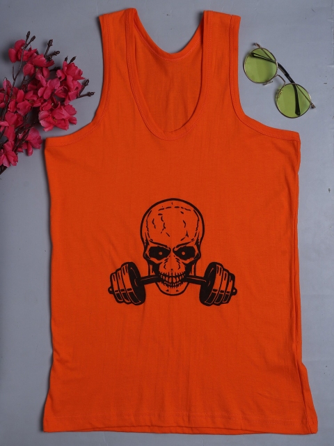 

Fleurt Men Orange Colored Printed Pure Cotton Innerwear Gym Vests