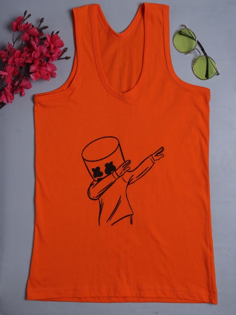 

Fleurt Men Orange Printed Pure Cotton Innerwear Vests