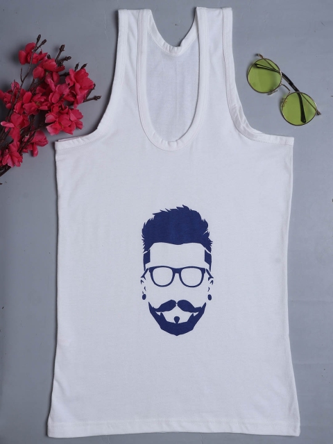

Fleurt Men White & Blue Printed Pure Cotton Gym Vest